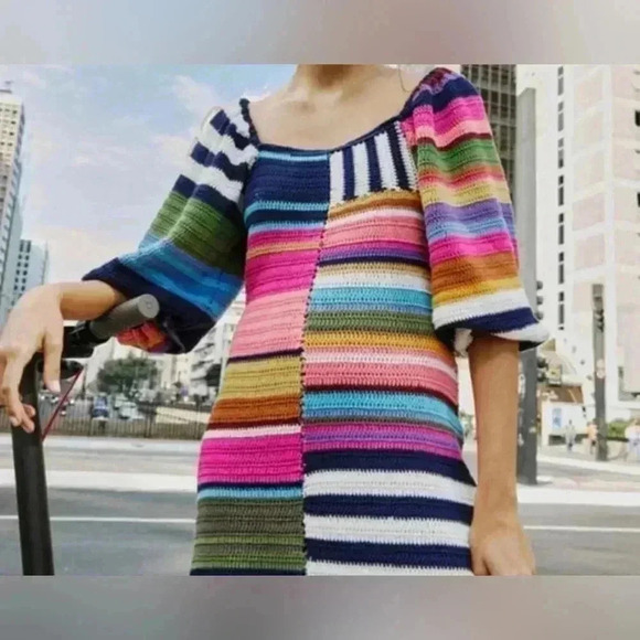 Anthropologie Farm Rio Stripe Mini Dress Crochet Knit Puff Sweater Chunky S $265 - Picture 7 of 12
